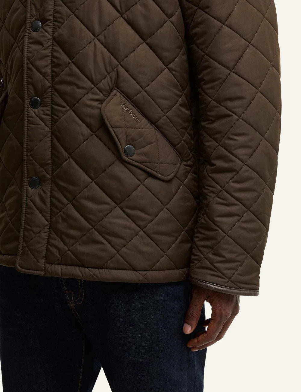 Men's Barbour dark olive quilted jacket with fleece lining and funnel collar pocket