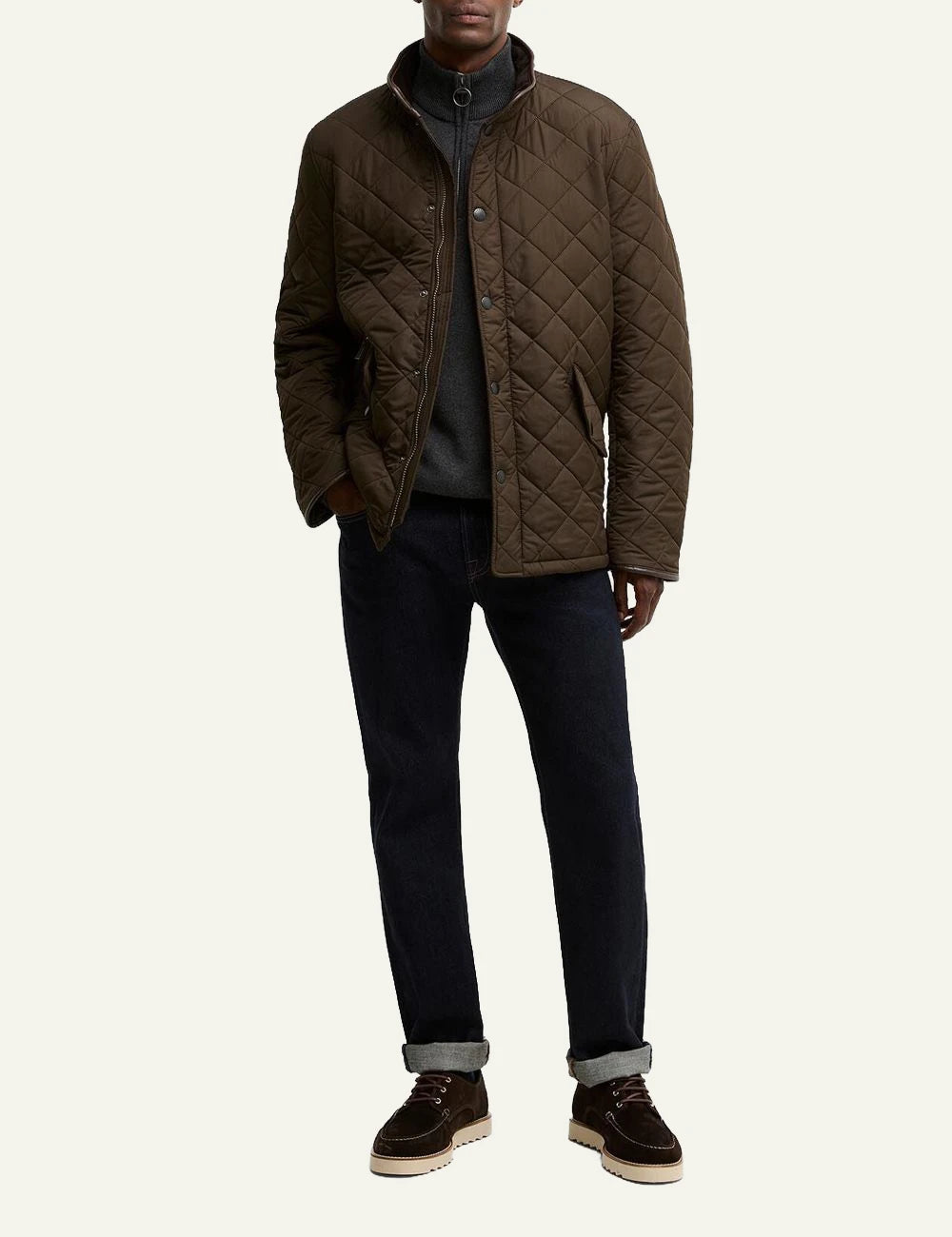 Men's Barbour dark olive quilted jacket with fleece lining and funnel collar full body