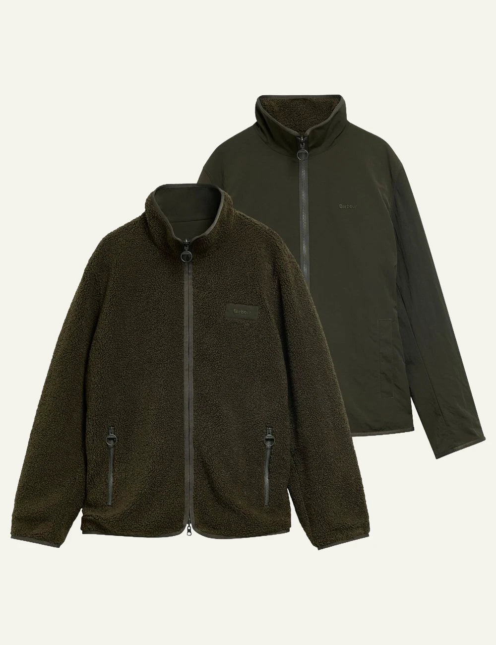 Men's Barbour dark olive reversible fleece jacket with zip closure