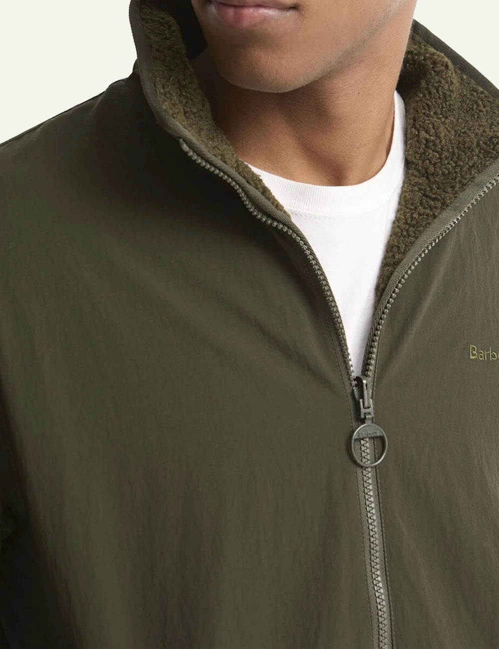 Men's Barbour dark olive reversible fleece jacket with zip closure detail