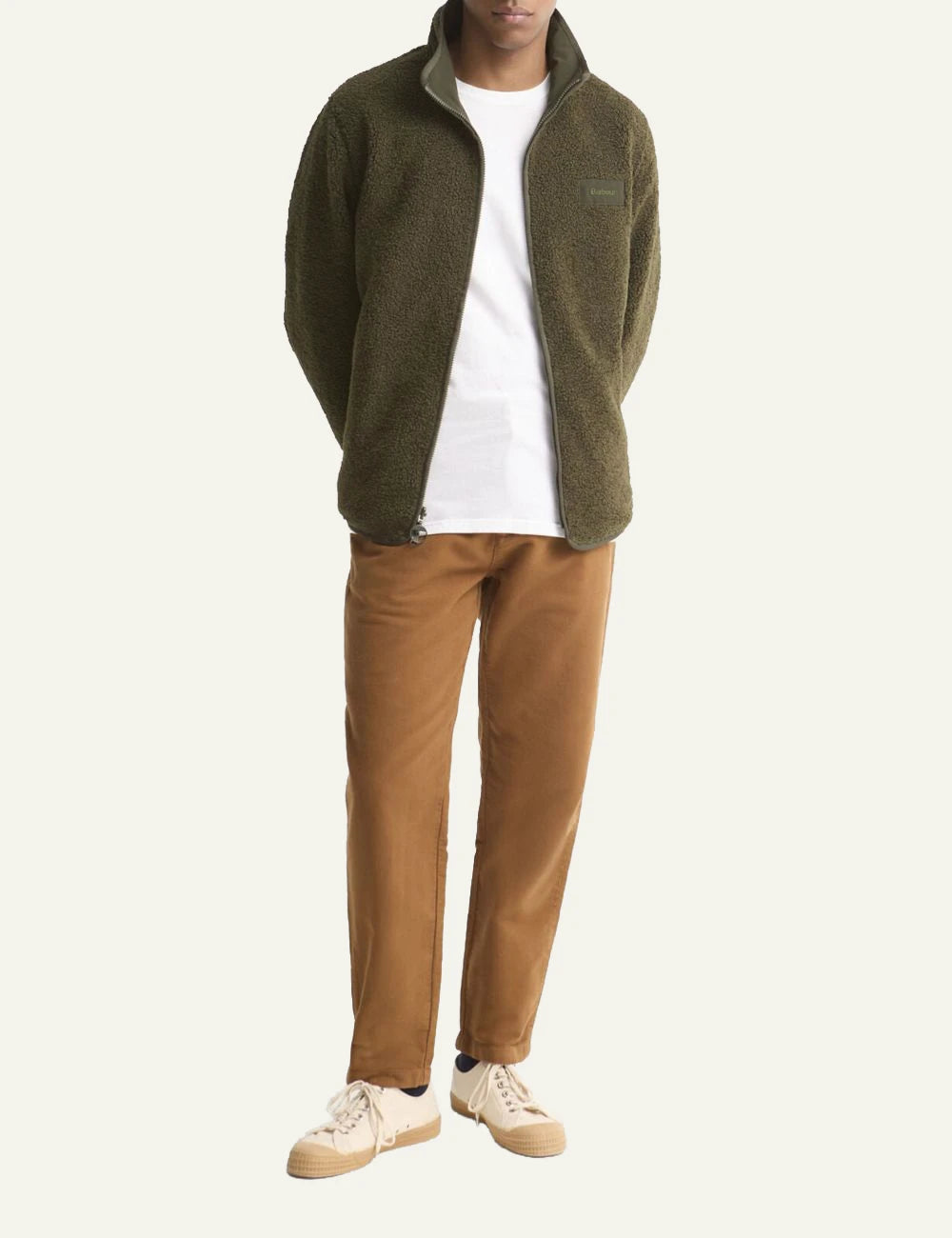 Men's Barbour dark olive reversible fleece jacket with zip closure full body