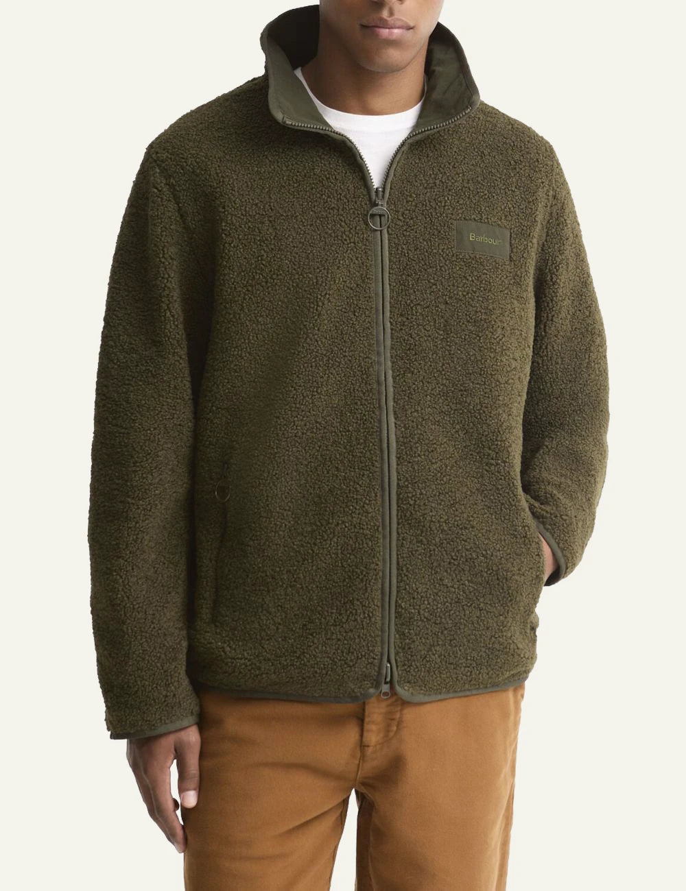 Men's Barbour dark olive reversible fleece jacket with zip closure model