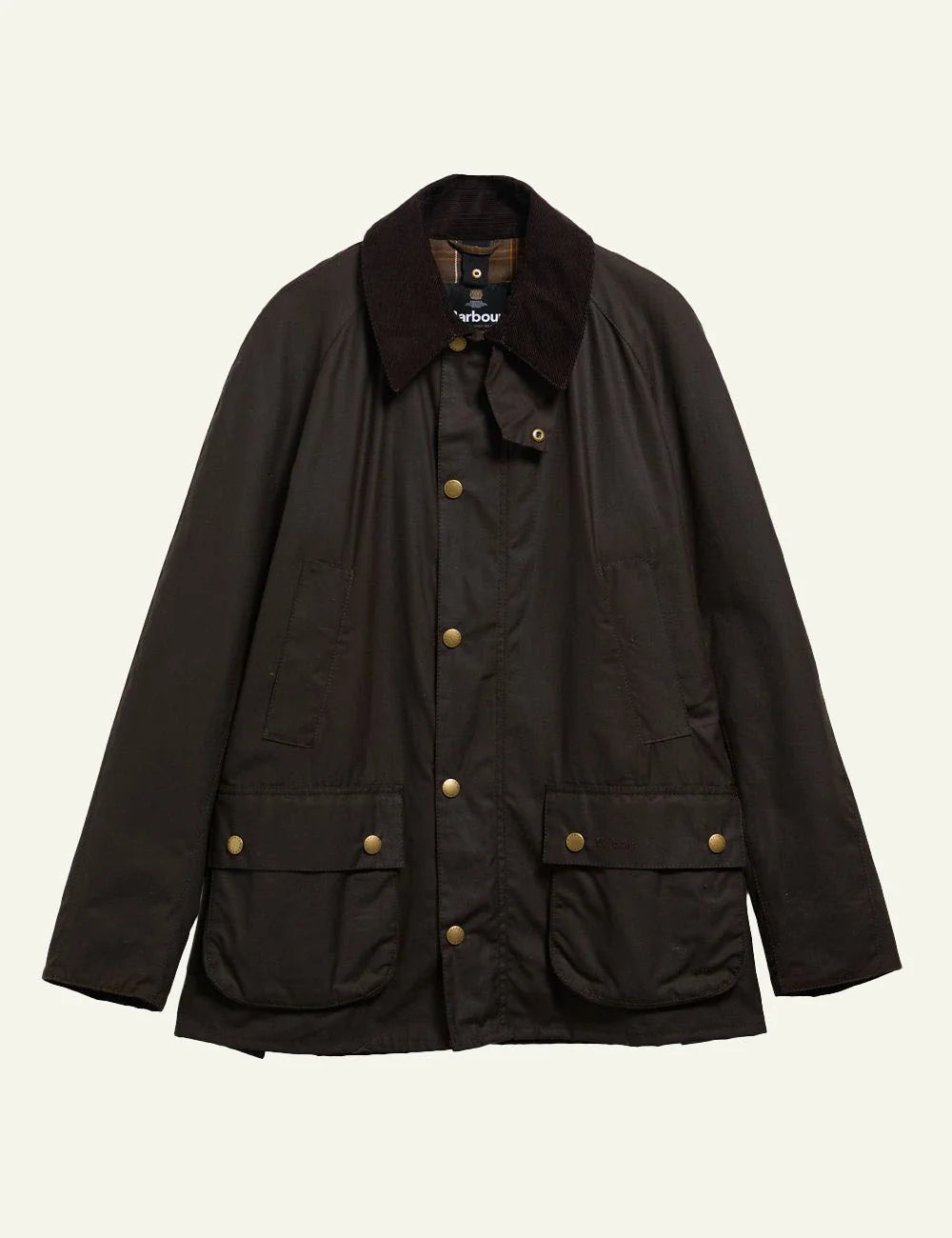 Men's Barbour dark olive waxed cotton jacket with brown corduroy collar