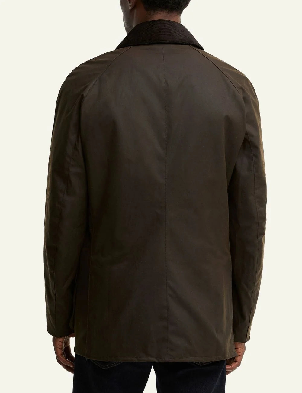 Men's Barbour dark olive waxed cotton jacket with brown corduroy collar back