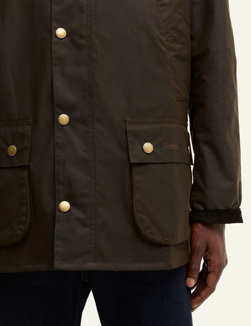 Men's Barbour dark olive waxed cotton jacket with brown corduroy collar detail