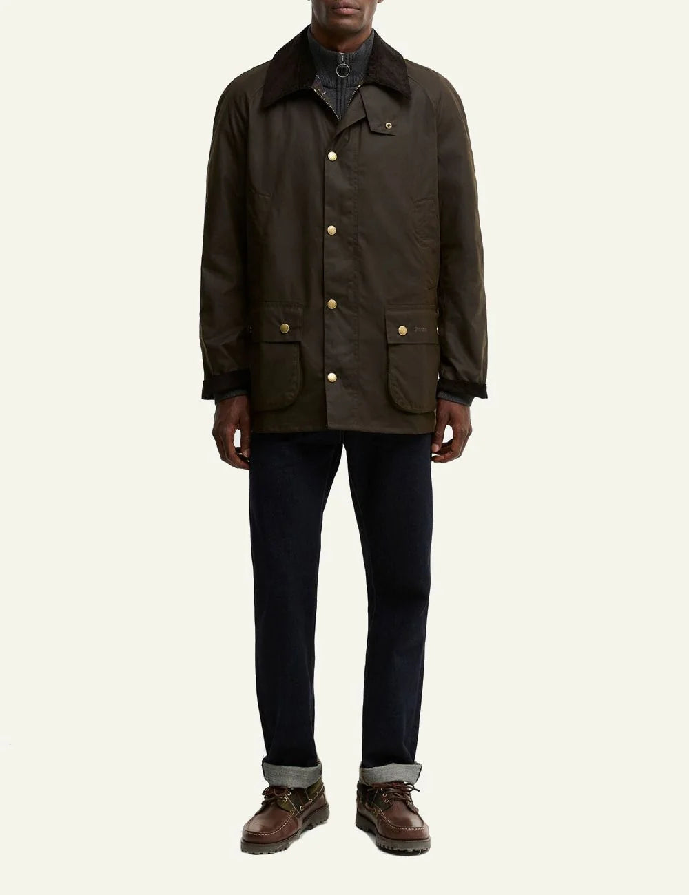 Men's Barbour dark olive waxed cotton jacket with brown corduroy collar full body