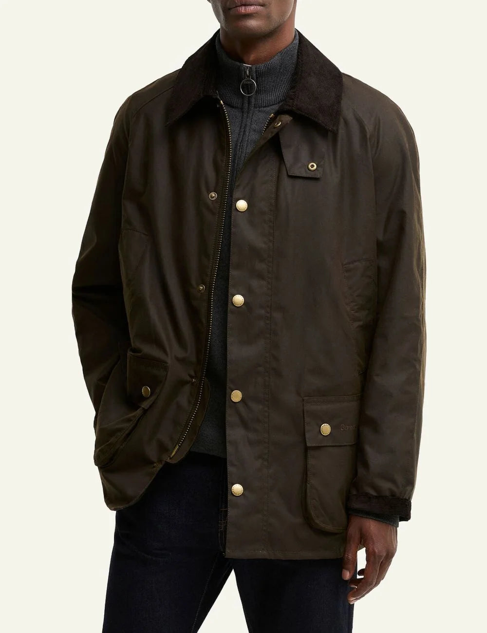 Men's Barbour dark olive waxed cotton jacket with brown corduroy collar model