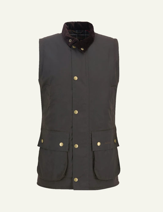 Barbour men's dark olive waxed cotton sleeveless jacket with corduroy collar