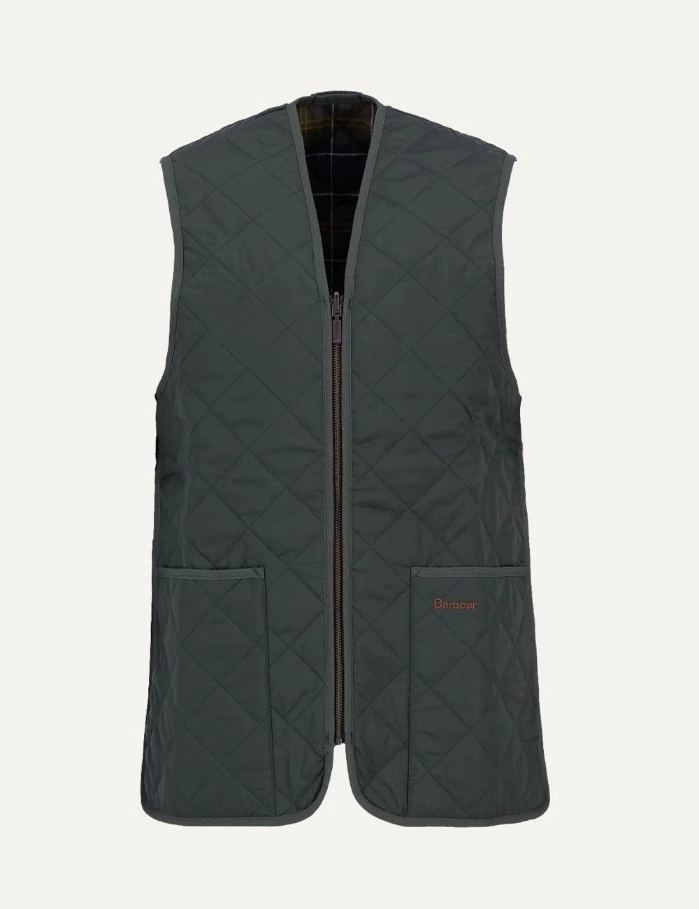 Barbour men's green diamond quilted nylon waistcoat with tartan lining and front patch pockets