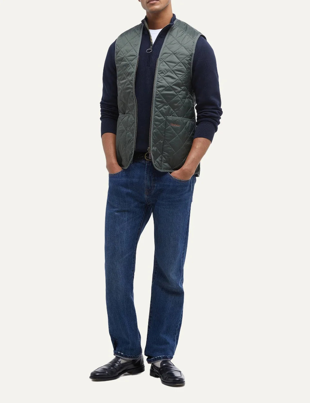 Barbour men's green diamond quilted nylon waistcoat with tartan lining and front patch pockets full body