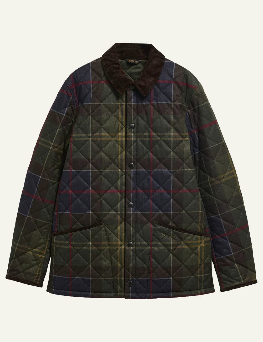 Men's Barbour green tartan quilted jacket with brown corduroy collar