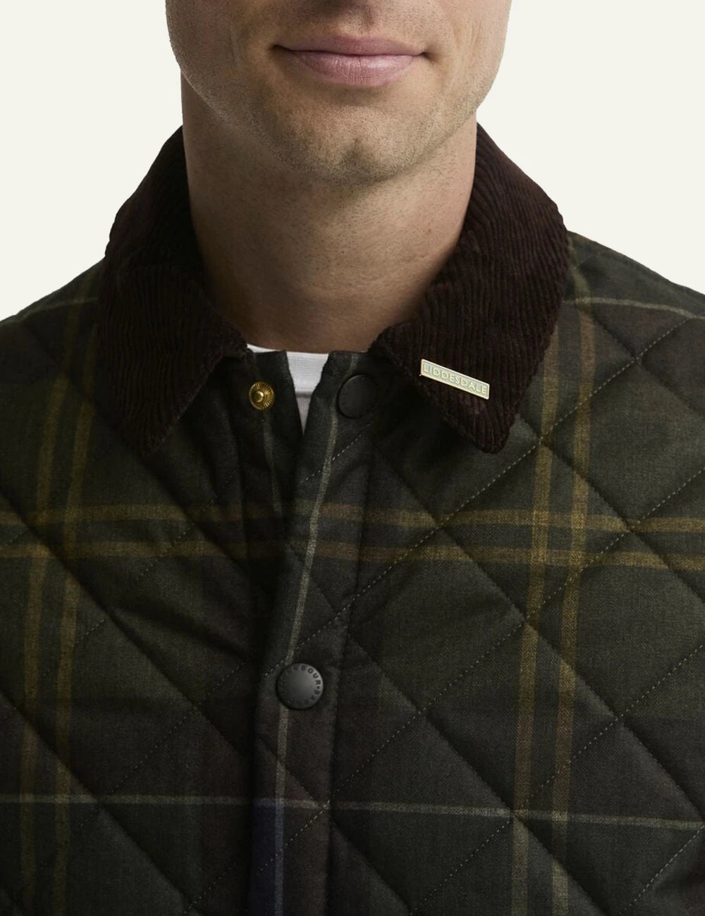 Men's Barbour green tartan quilted jacket with brown corduroy collar detail