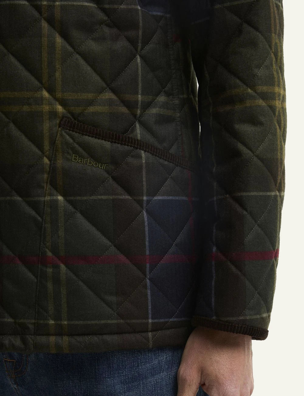 Men's Barbour green tartan quilted jacket with brown corduroy collar pocket