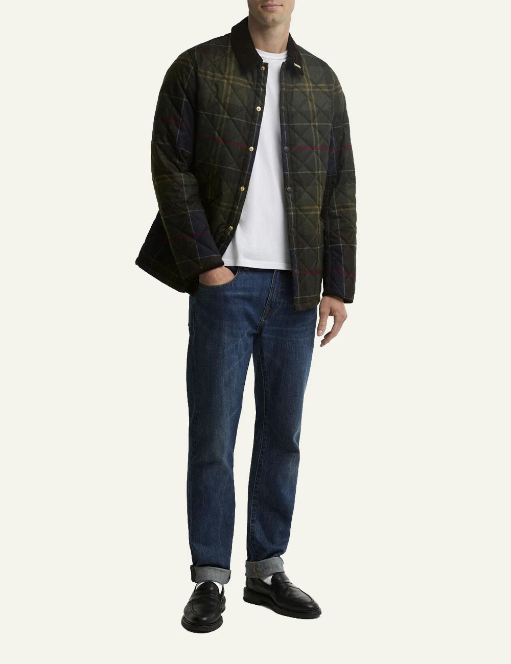 Men's Barbour green tartan quilted jacket with brown corduroy collar full body