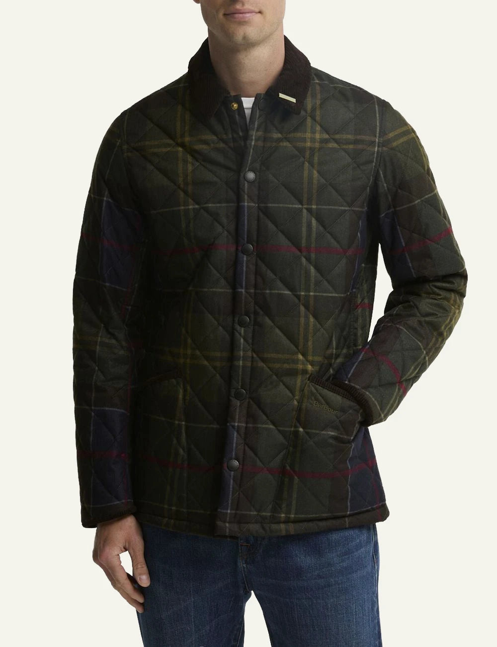Men's Barbour green tartan quilted jacket with brown corduroy collar model