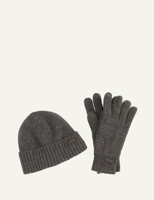Barbour men's grey wool blend beanie and gloves gift set