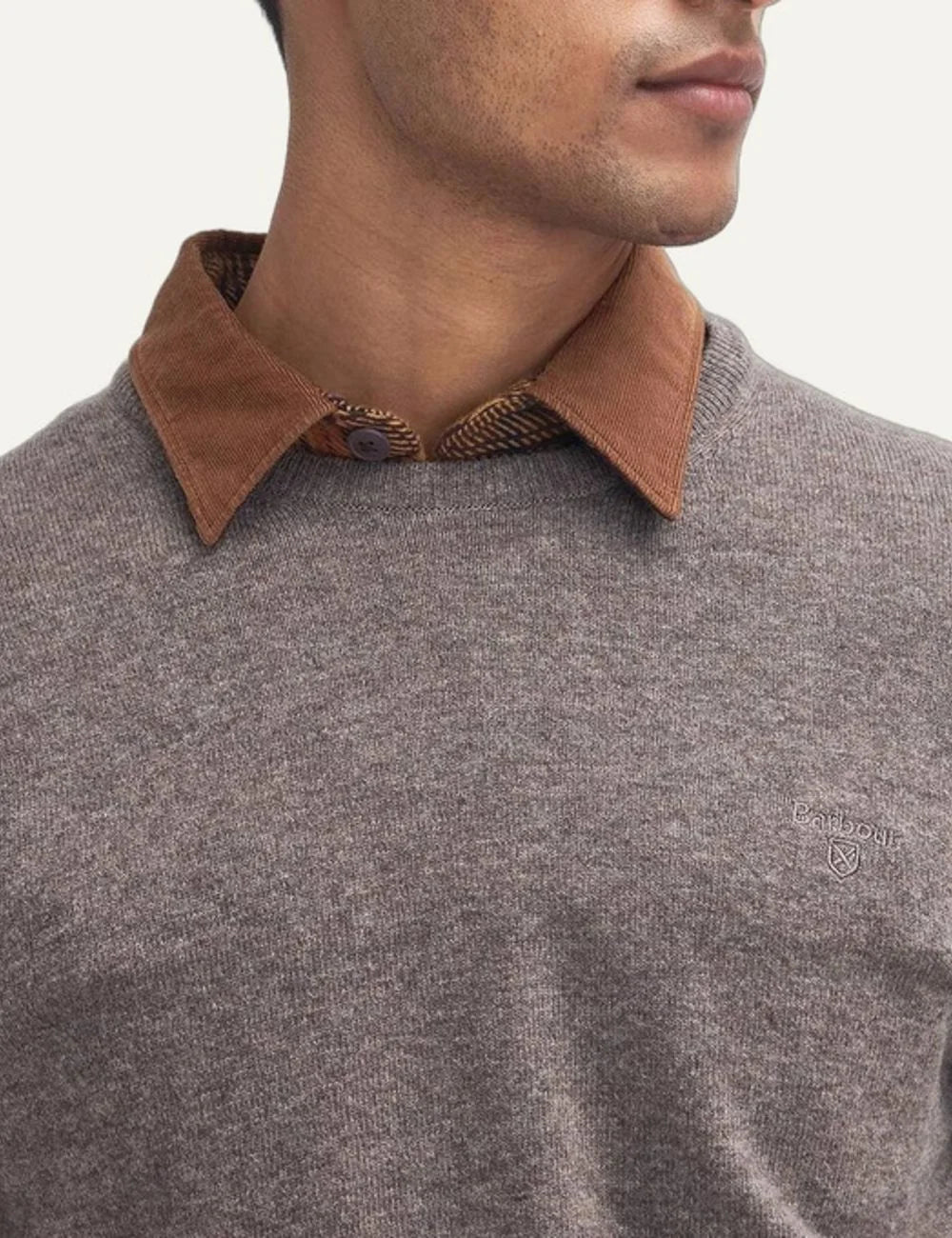 Barbour men's grey wool crew neck jumper detail