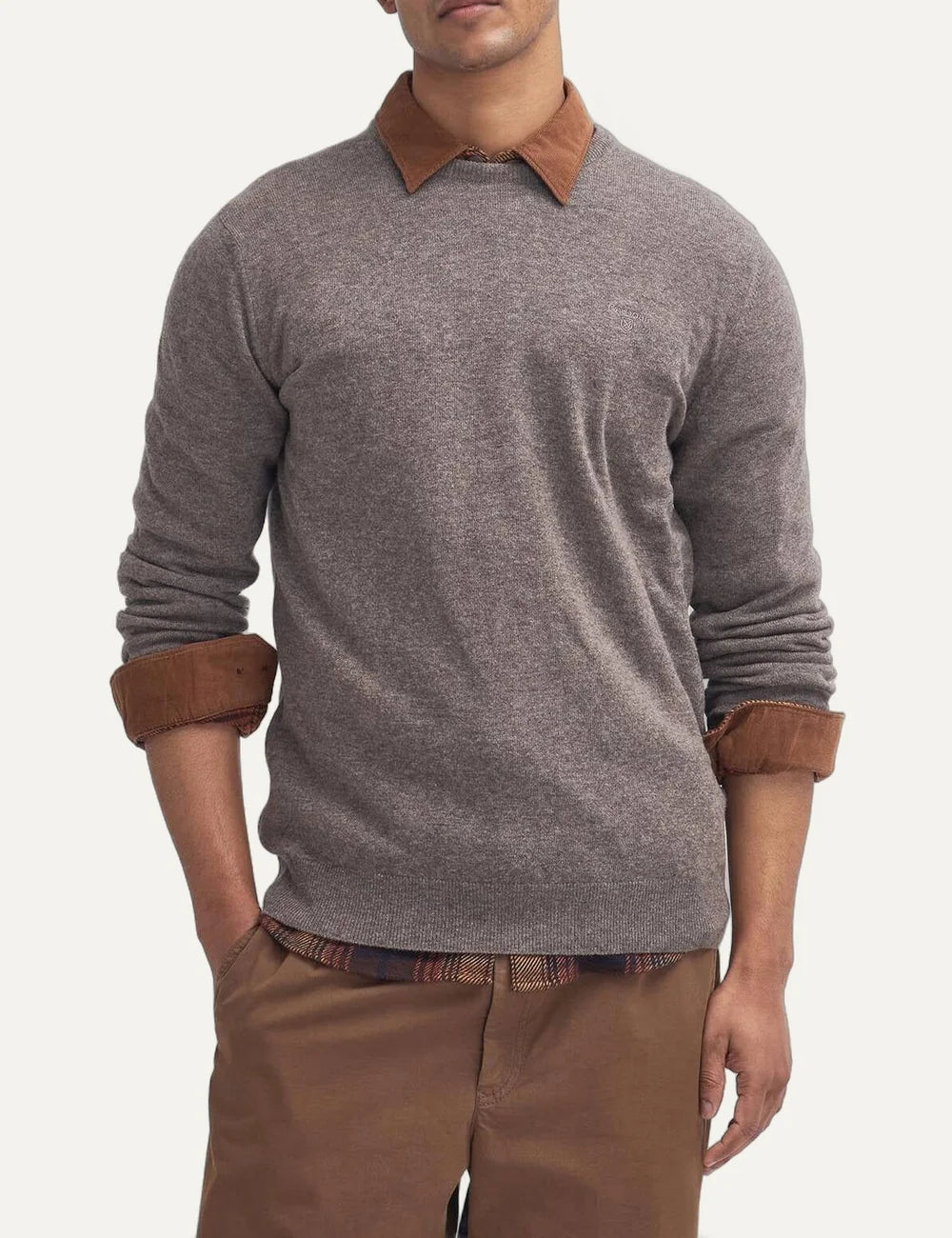 Barbour men's grey wool crew neck jumper model