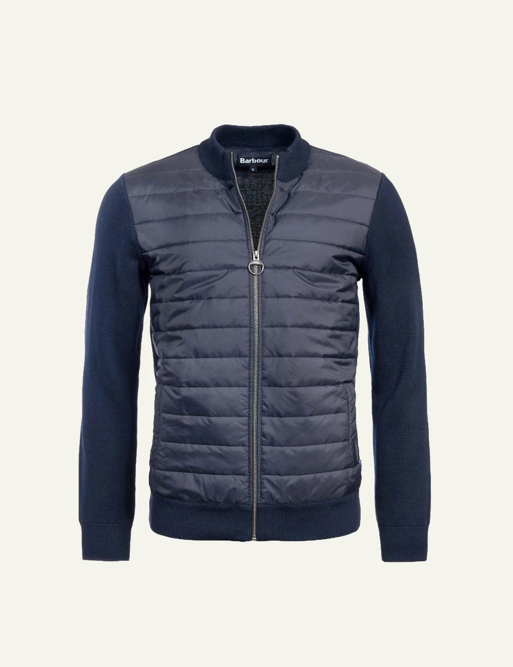Men's Barbour navy blue quilted jacket with knitted sleeves and zip closure
