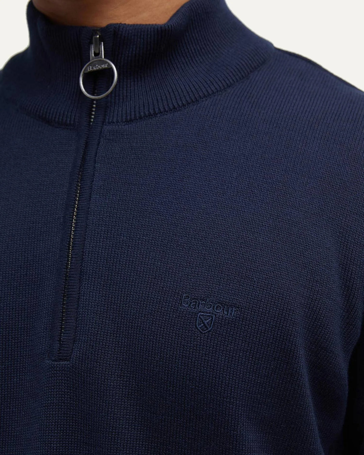 Barbour men's navy cotton quarter zip jumper detail