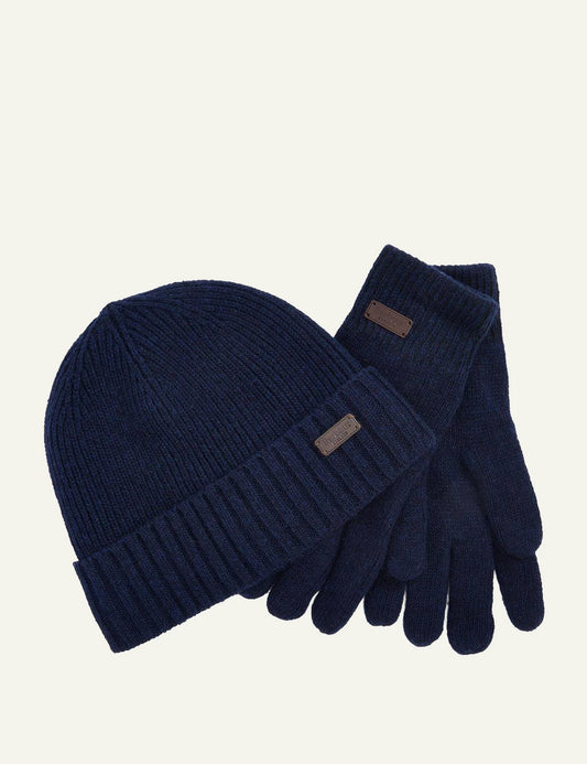 Barbour men's navy wool blend beanie and gloves gift set
