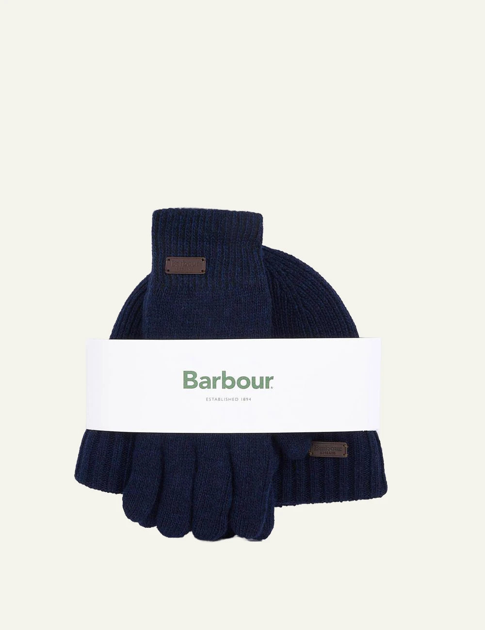 Barbour men's navy wool blend beanie and gloves gift set full