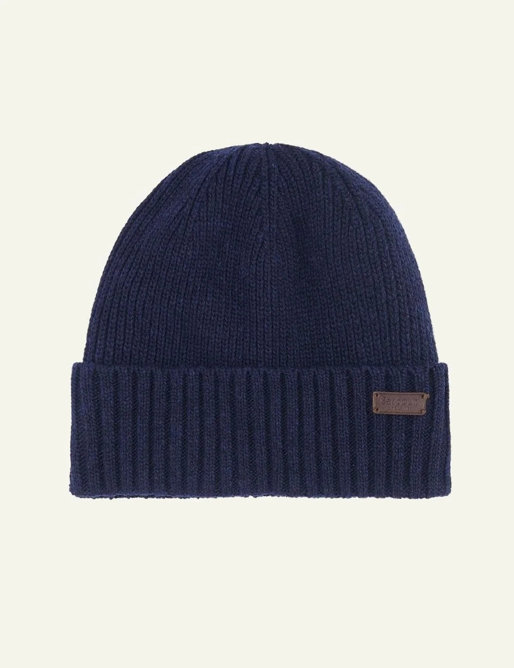 Men's Barbour navy wool-blend knitted beanie with leather logo patch