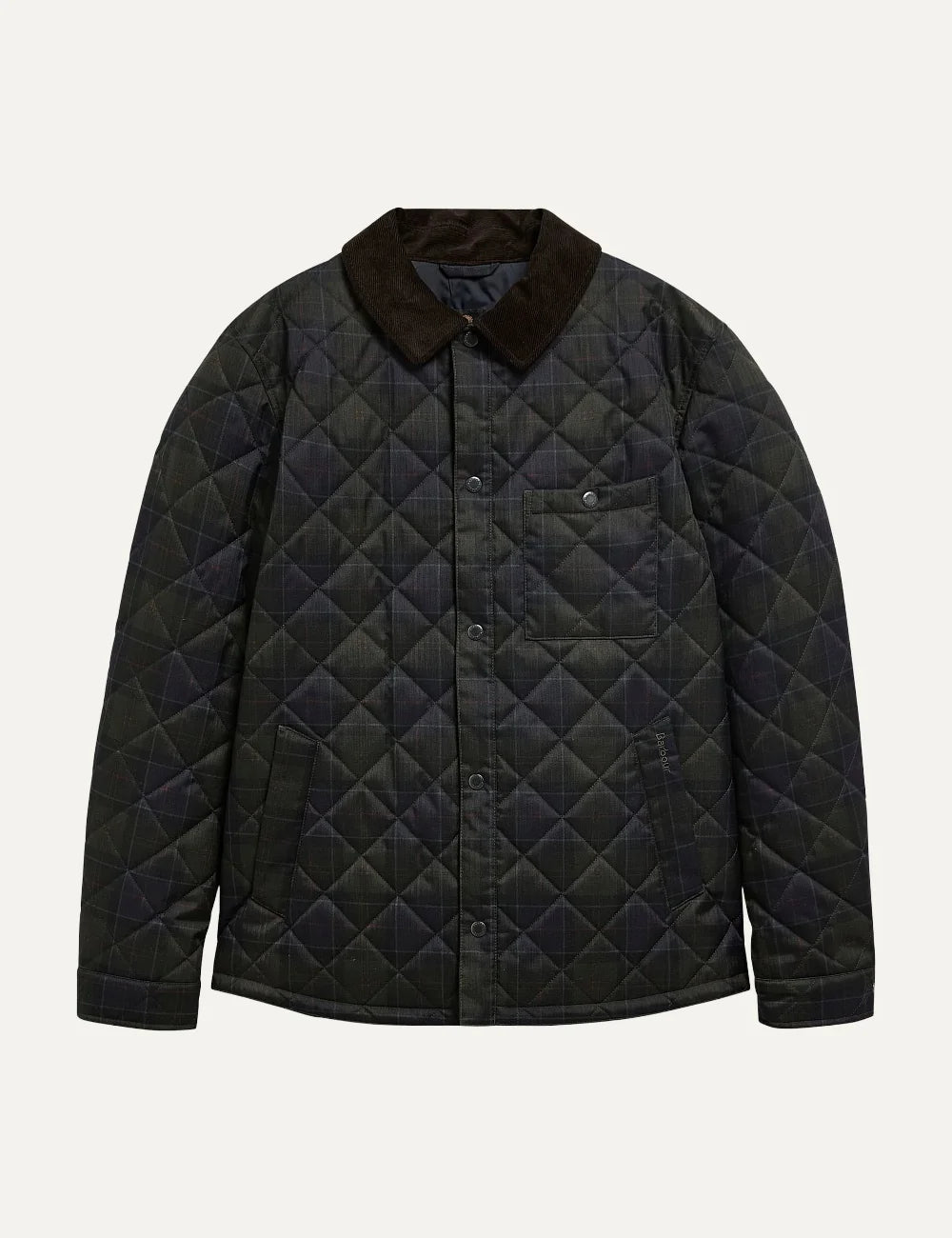 Barbour men's quilted tartan jacket with corduroy collar and stud fastening
