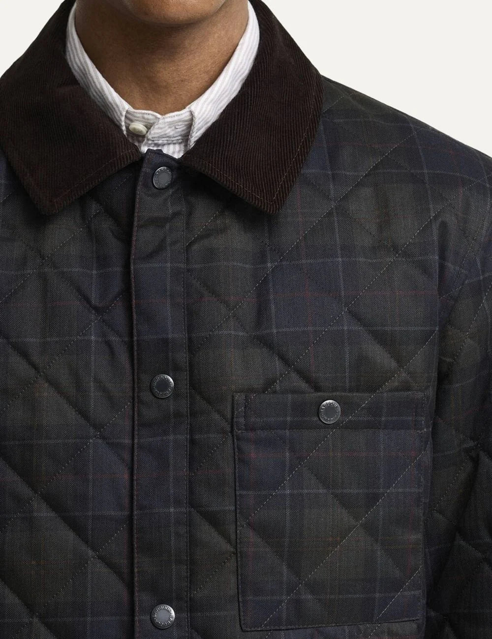 Barbour men's quilted tartan jacket with corduroy collar and stud fastening detail