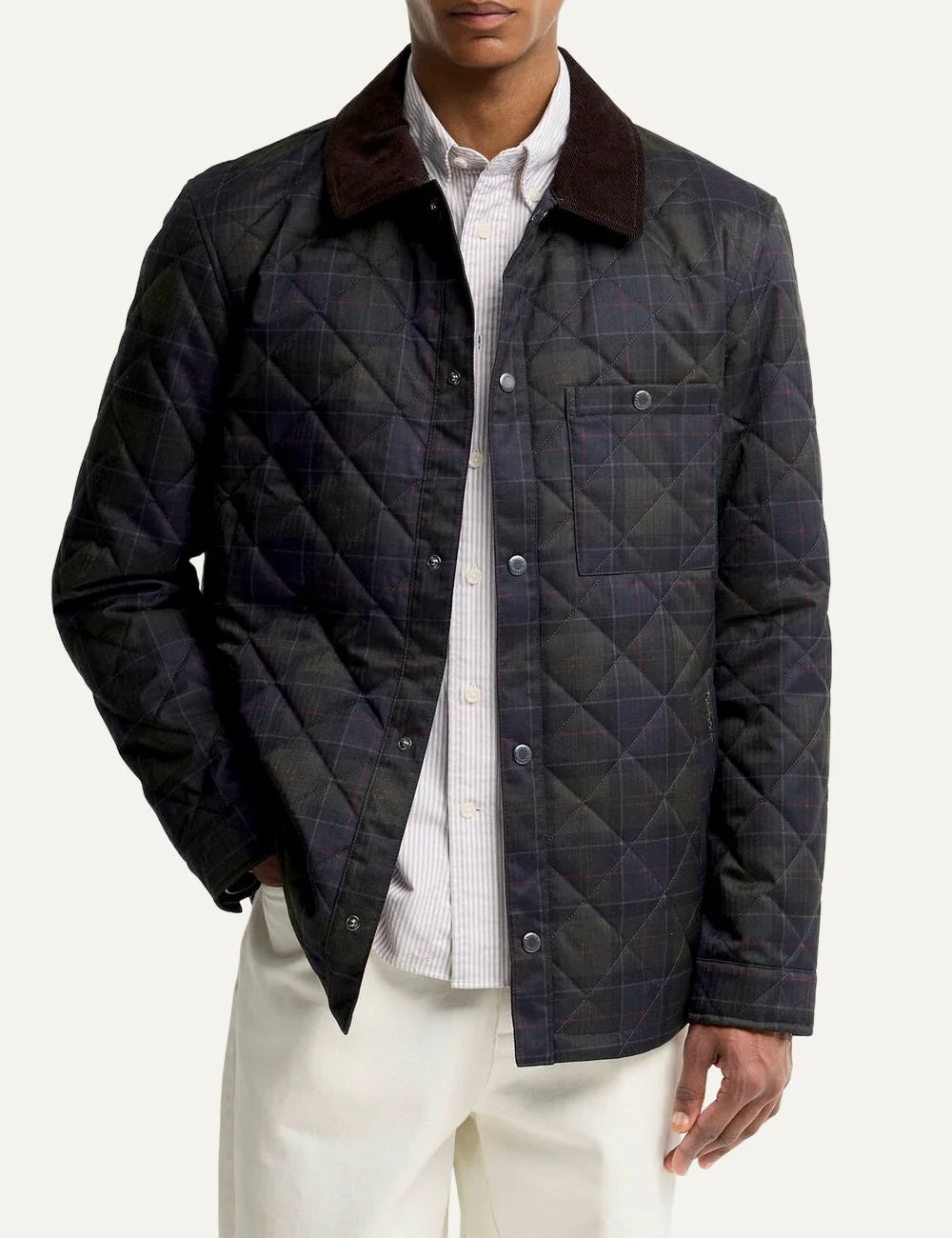 Barbour men's quilted tartan jacket with corduroy collar and stud fastening model