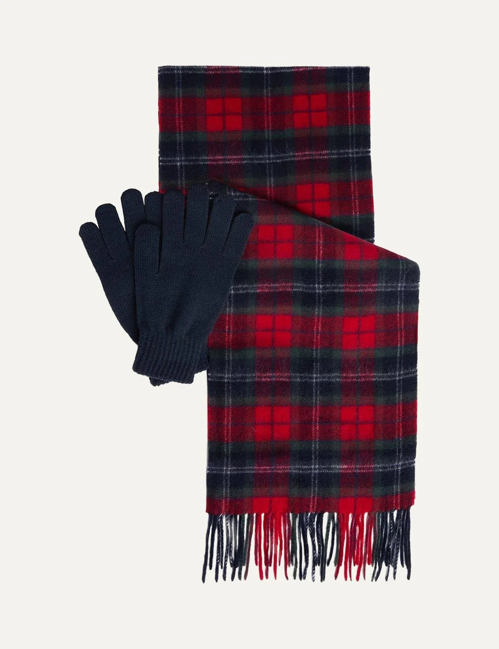 Barbour men's red tartan wool scarf and navy knitted gloves gift set