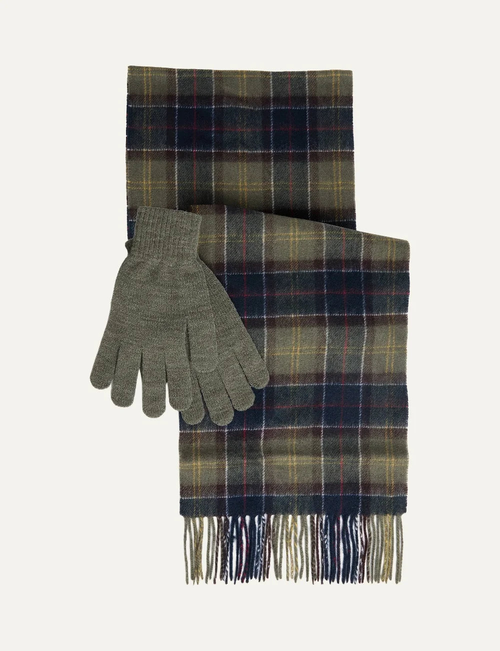 Barbour men's tartan wool scarf and knitted gloves gift set in green