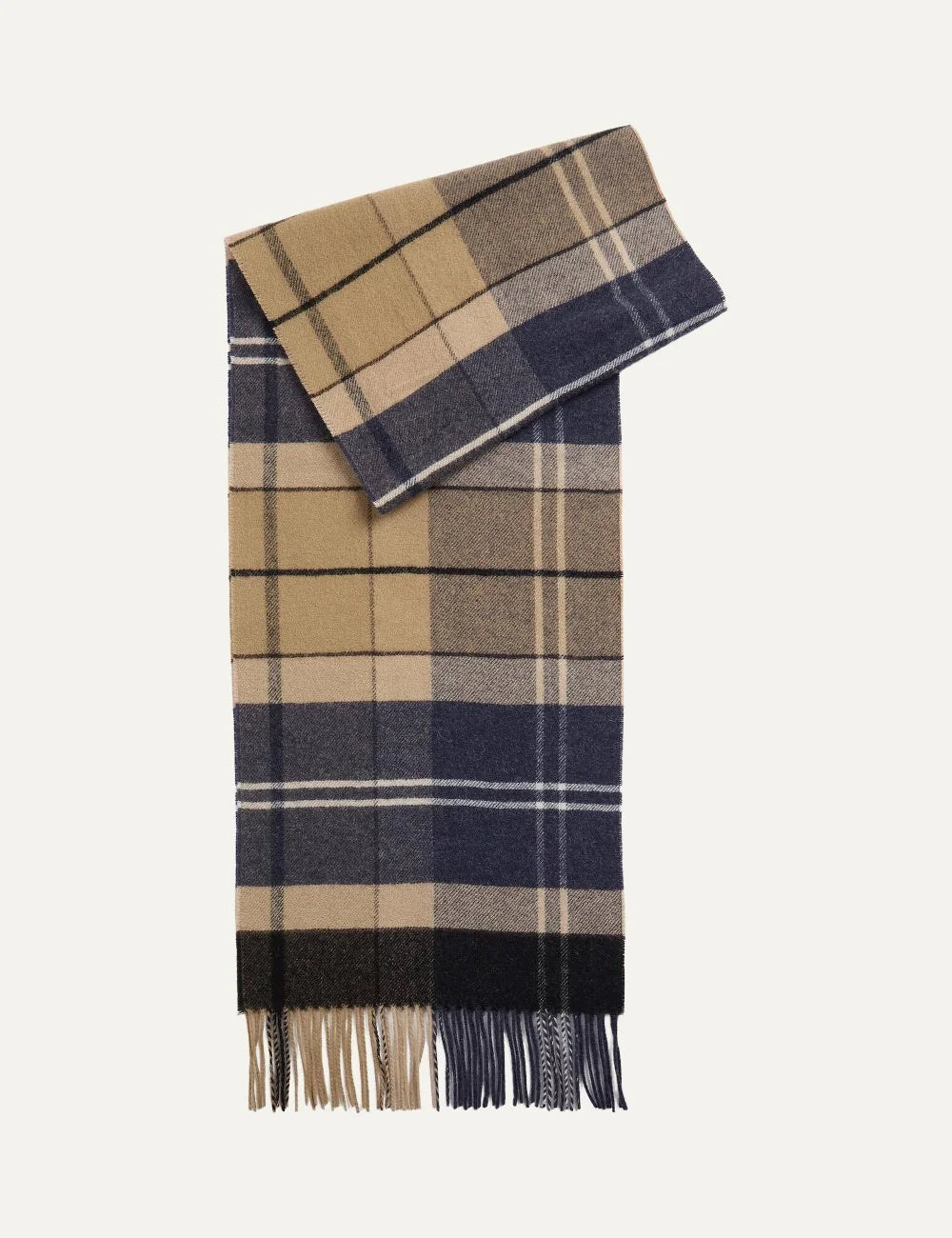 Barbour men's wool tartan scarf in beige navy and black with fringed edges