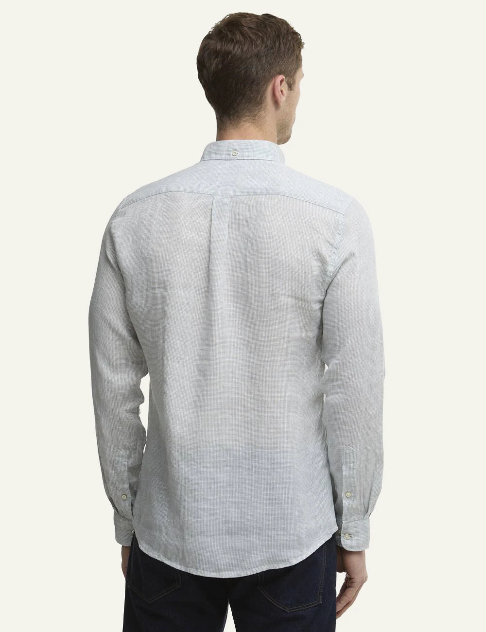 barbour micro check shirt light blue long sleeve back model view