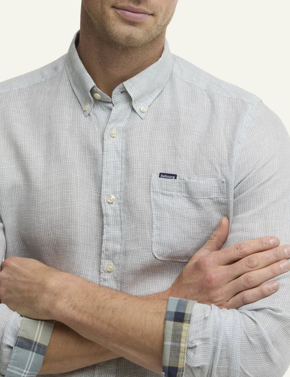 barbour micro check shirt light blue long sleeve close model view