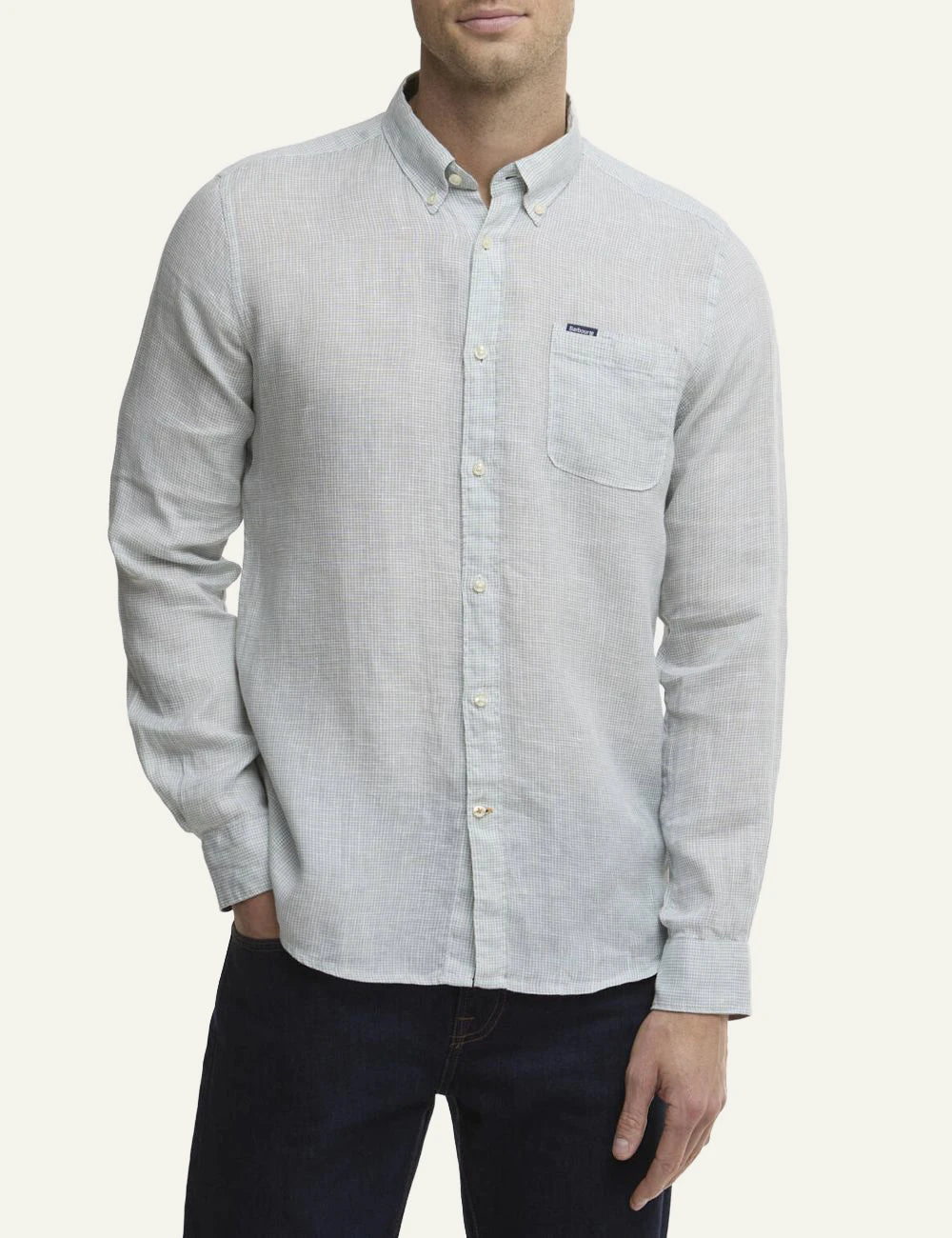 barbour micro check shirt light blue long sleeve font model view