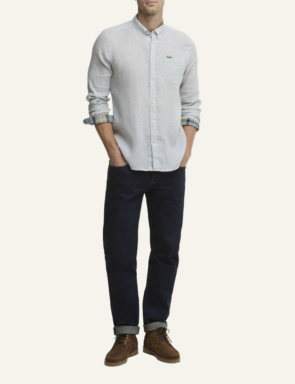 barbour micro check shirt light blue long sleeve full body view