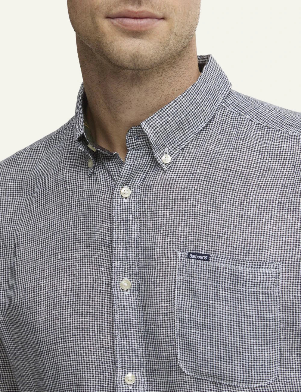 barbour micro check shirt navy long sleeve close model view