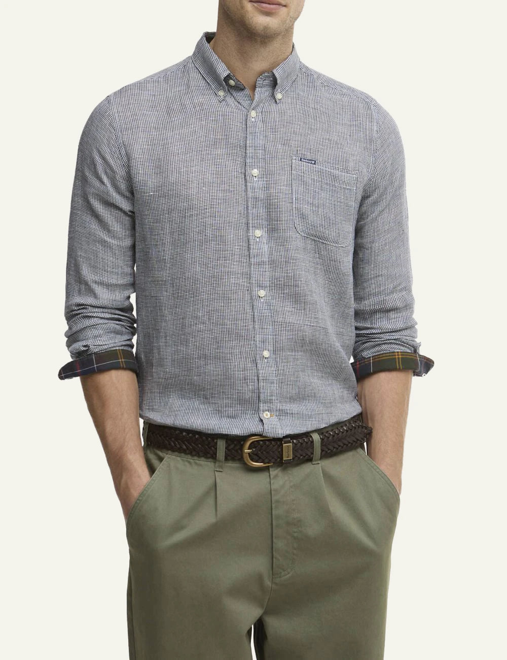 barbour micro check shirt navy long sleeve front model view