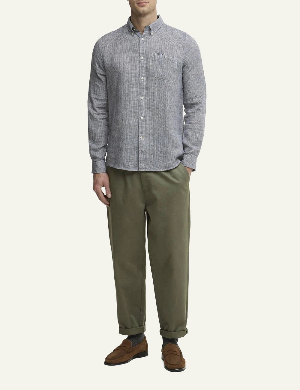 barbour micro check shirt navy long sleeve full body view