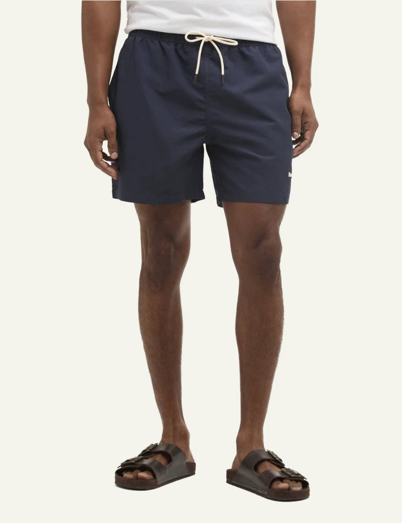Barbour swim shorts navy water reactive drawstring waist front model view