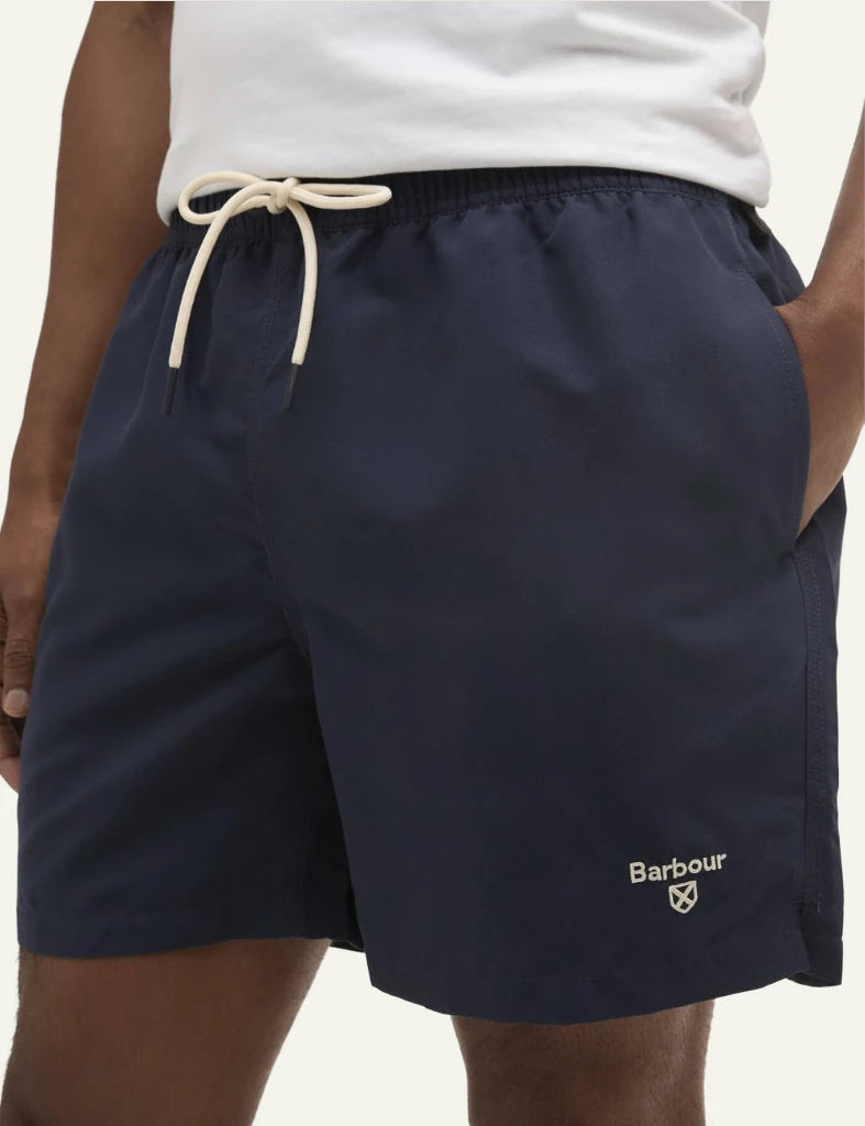 Barbour swim shorts navy water reactive drawstring waist side view