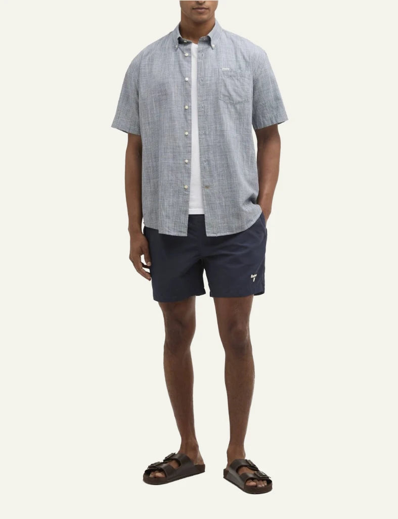 Barbour swim shorts navy water reactive drawstring waist front full body view