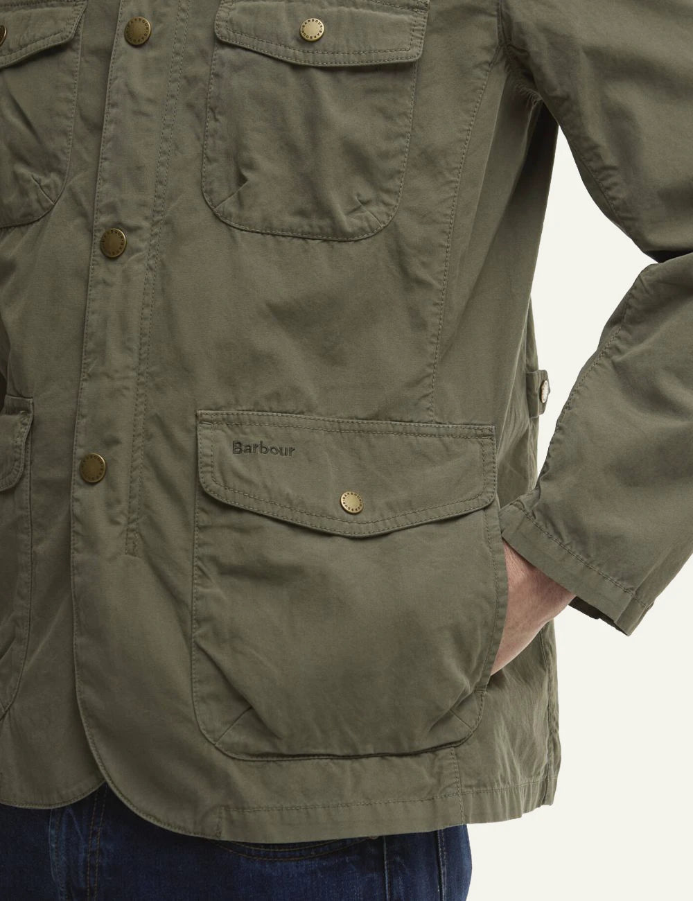barbour ogston casual jacket olive cotton utility pockets front detail view