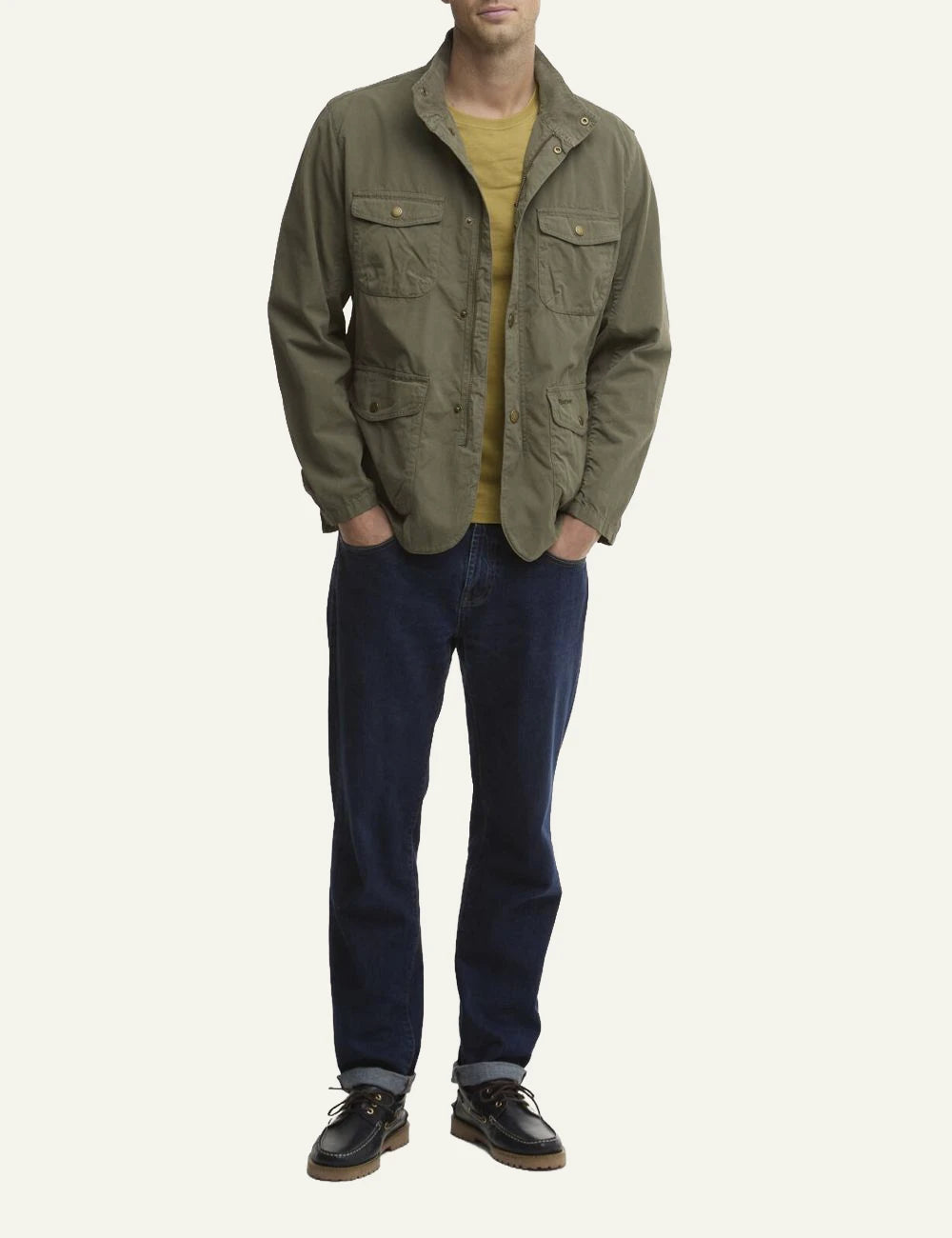barbour ogston casual jacket olive cotton utility pockets front full body view