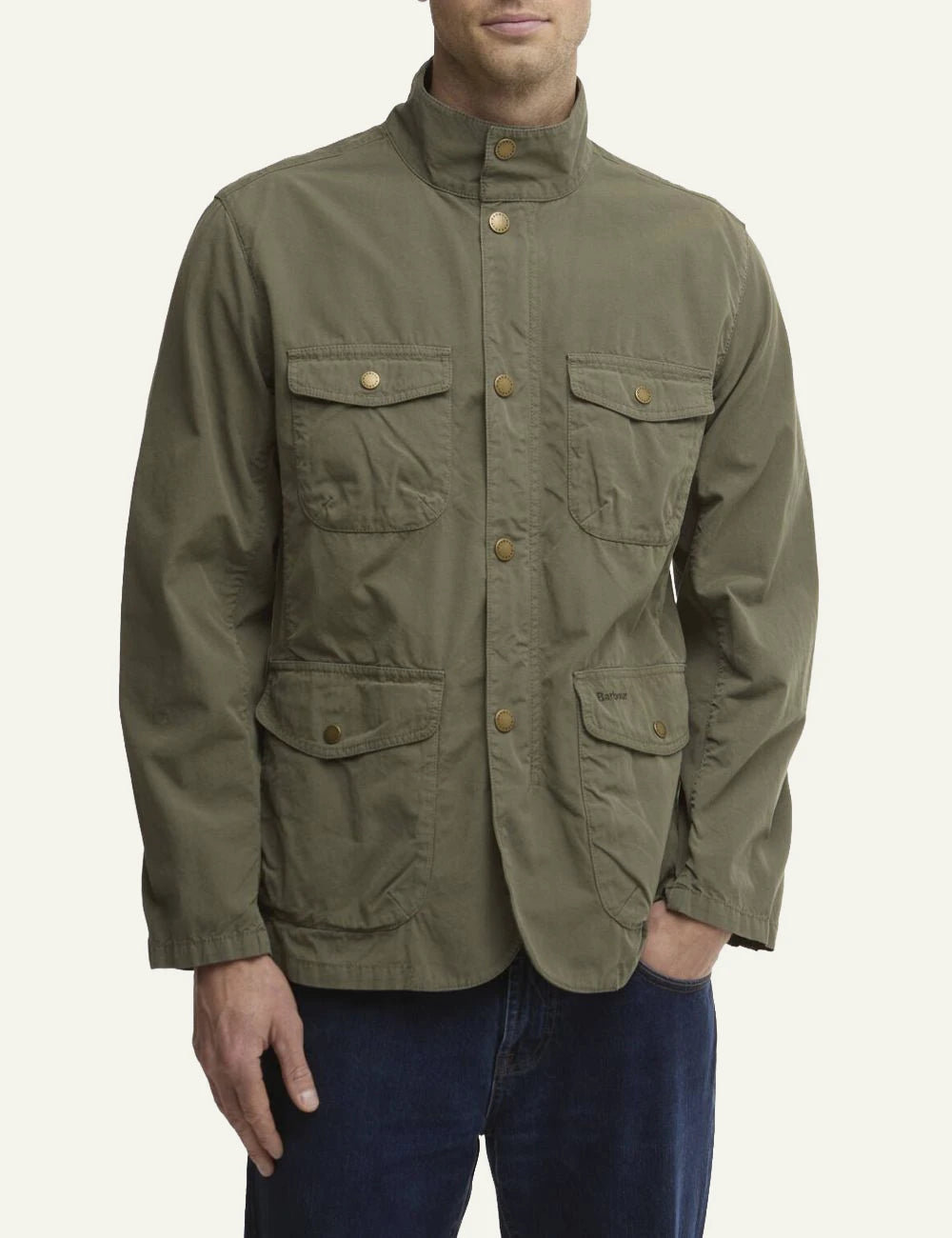 barbour ogston casual jacket olive cotton utility pockets front model view