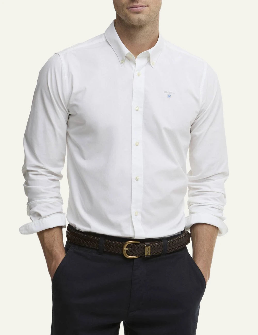barbour oxford button down shirt white front model view