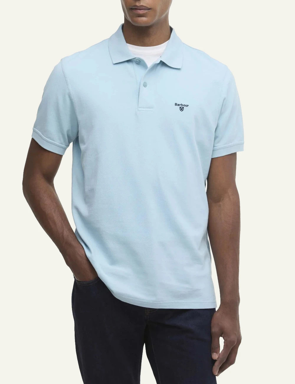 barbour pique polo shirt light blue front model