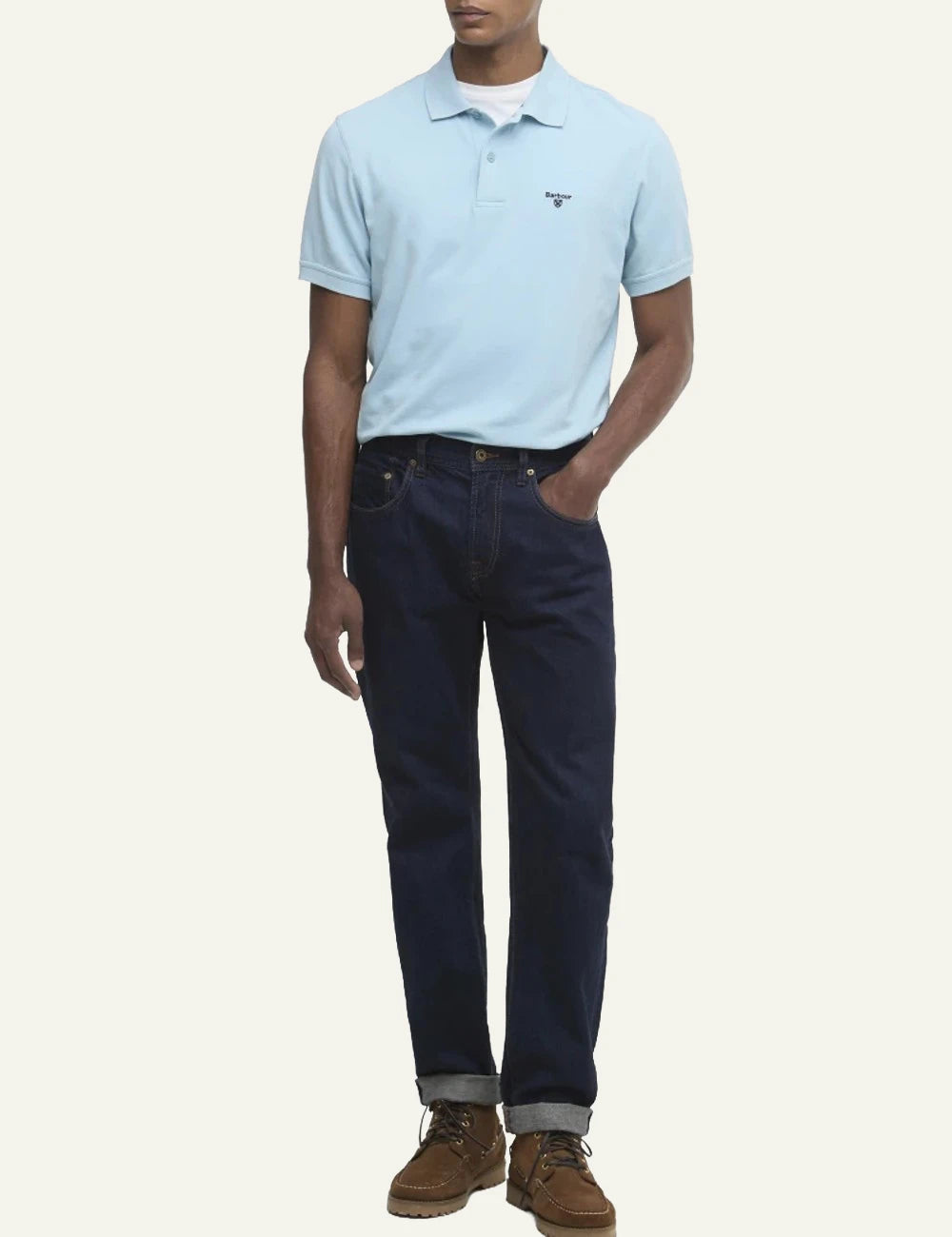 barbour pique polo shirt light blue front full body view