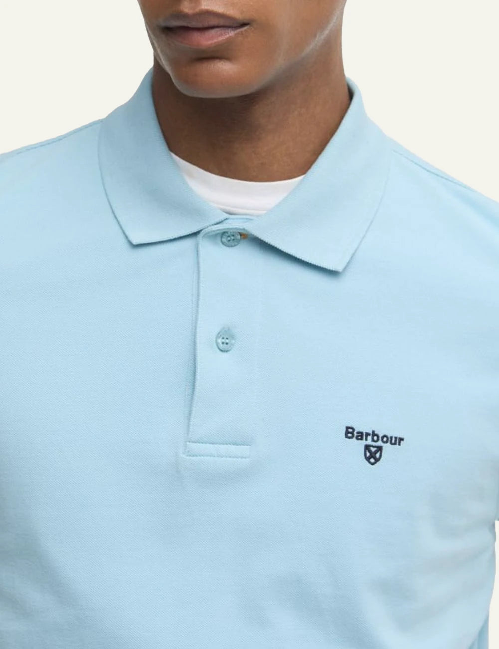 barbour pique polo shirt light blue front logo view